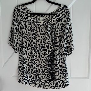 White House Black Market Leopard Print Silk Tunic Top Bow Neck 3/4 Sleeve size S